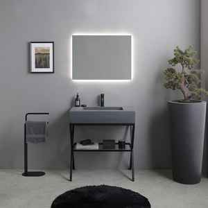 Meuble de salle de bain autoportant en céramique de 80 cm avec lavabo gris et miroir LED, style minimaliste, facile à installer, ensemble de salle de bain haut de gamme - Product Image 2