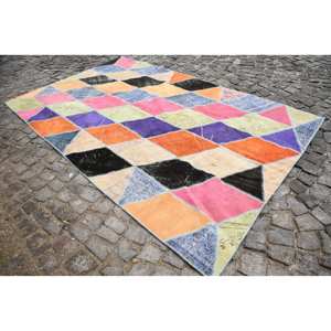 Tapis Turc Vintage Moderne 6.7 X 10.8ft Classique Beige Patchwork Design Laine Matériau Latex Support 4m Largeur pour Salon 10mm - Product Image 3