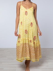 Robe midi 100% coton, embellissement artisanal, broderie de paillettes, coupe évasée, col en V, été, écologique, grande taille, ODM - Product Image 4