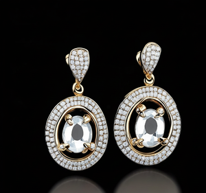 Boucles d'oreilles en cristal blanc et pierres précieuses CZ ovales en argent sterling 925 plaqué or 18 carats |   Boucles d'oreilles de 4,5 pouces, 10 grammes, pour soirée - Product Image 4
