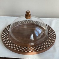 Support de service élégant en bois d'acacia fait à la main avec un dôme en verre et un plateau à noix multi-sections, excellent pour la présentation de desserts et de fruits