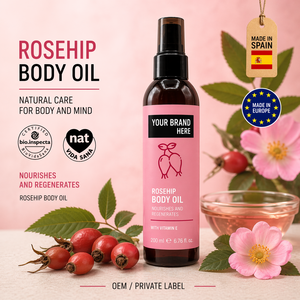 Huile de rose musquée en marque privée 200 ml OEM |   Huile de traitement des cicatrices et des vergetures |   Vitamine E |   Végétalien Naturel |   Fabriqué en Espagne UE - Product Image 1