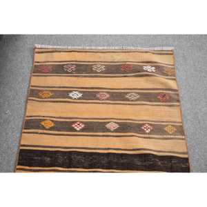 Vintage Kilim Rug 2x7.4 ft, <b>Brown</b> Yellow Floral <b>Wool</b> Turkish Rug - Product Image 4