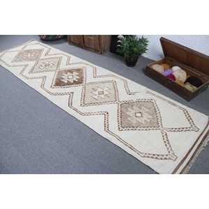 พรมขนาด 3.1x11.8 ฟุต, พรมวินเทจตุรกี, พรมขนสัตว์สีขาวน้ำตาลลายนามธรรม - Product Image 4