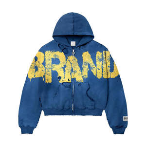 Survêtement unisexe en molleton de coton doublé tricoté sur mesure, imprimé surdimensionné, avec capuche à double fermeture éclair, streetwear, capuche 100% unie, hiver - Product Image 1