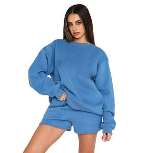 Sudadera de cuello redondo para mujer, pantalones cortos deportivos de dos piezas para deportes al aire libre, Color sólido, se puede personalizar con capucha - Product Image 1