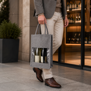 Sac de transport pour deux bouteilles de vin en coton recyclé laminé personnalisé, avec fenêtre transparente en PVC, poignées rembourrées souples, sac cadeau, 20x34x10 cm - Product Image 1