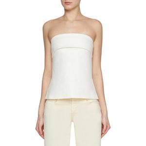 Women's White Canvas Nonwoven Solid Zipper Closure Strapless Bandeau Tube <b>Top</b> Slim-Fit <b>Asymmetrical</b> <b>Hem</b> Sexy Club Breathable - Product Image 1