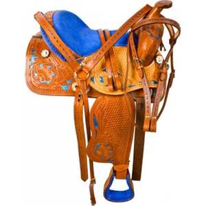 Sillín de caballo de cuero occidental con juego de tachuelas a juego, calidad prémium, de barril de cuero genuino, inglés, de carreras - Product Image 1