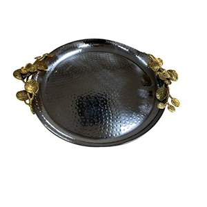 New Looking Metal <b>Tray</b> With Golden Handles Trendy Rounded Shape Handmade Designer <b>Snacks</b> & Water Serving <b>Trays</b> Use - Product Image 1
