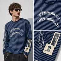 T-shirt unisexe rayé à manches longues, col rond côtelé, 100 % coton tricoté, lavé, anti-plis, coupe décontractée, style streetwear quotidien