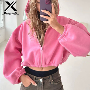 Sudadera con capucha corta rosa para mujer ELEVATEX INTERNATIONAL, con cremallera completa, mangas abullonadas, forro polar, estilo casual para otoño - Product Image 1