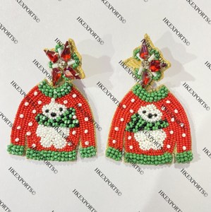 Cuentas de semillas hechas a mano, suéter feo de Navidad, muñeco de nieve, pendientes de poste, joyería festiva de vacaciones para mujeres, accesorios únicos de invierno - Product Image 4