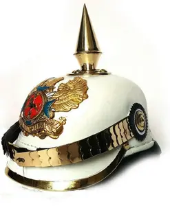 Helm Pickelhaube Jerman kulit putih helm militer Imperial Prusia kuningan atasan bulat kostum pria WWI & WWII helm tentara