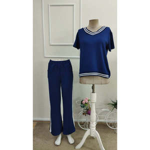 Ensemble deux pièces pour femme, chemisier à manches courtes et col en V en viscose à deux fils et pantalon, 36669 - Bleu Saks - Product Image 4