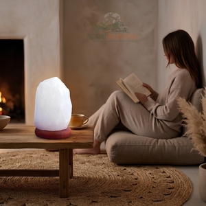 Lampe de table en sel de roche himalayen blanc naturel, sculptée à la main, avec base en bois, pour la décoration intérieure (vente en gros) - Product Image 5