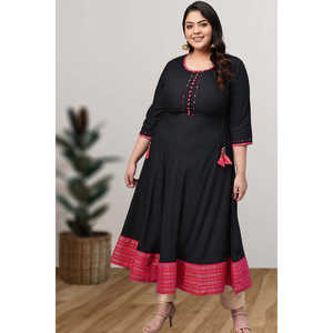 Kurta évasé en rayonne et soie cousu, imprimé, ethnique indien, Salwar Kameez noir, tailles XXL-8XL - Product Image 1
