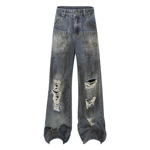 Alta demanda Mid Wash Ripped Hole Denim Jean Distressed Raw Hem Multi Bolsillos Pierna ancha Baggy Jean Pantalones para hombres Taxies Industry - Product Image 1