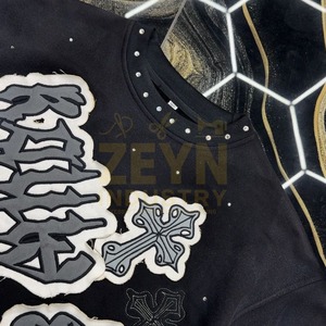 Camisetas de Algodón Grueso con Lavado Ácido y Pedrería, Estilo Urbano, Holgadas, Vintage, Transpirables, con Parches, para Hombre - Product Image 4