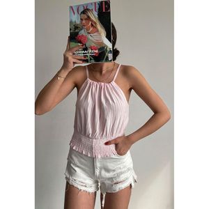 Blusa Elegante TOPSHOW Rosa con Cuello Halter y Lazos, de Poliéster Sólido para Mujer, Ropa Casual de Verano - Product Image 1