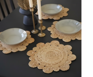 Modern <b>Round</b> <b>Placemats</b> Floral Tikki Design Solid Jute Eco-Friendly Braid Machine Made Customizable DIVTIK DECOR for Home Use - Product Image 1
