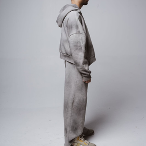 ชุดวอร์มผ้าฝ้ายโอเวอร์ไซส์สำหรับผู้ชายชุดกางเกงมีฮู้ดพิมพ์ลายมีซิป - Product Image 2