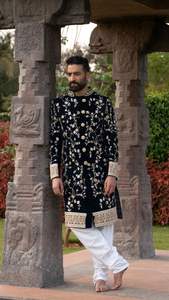 2024 TENDANCE-BRODERIE DORÉE ROOM SHERWANI ZIPPER FLY PANTALON NOIR BASE BLANCHE PERLES DE VERRE EN CRISTAL DABKA TRAVAIL ADULTES PLUS TAILLES - Product Image 2