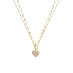 Stainless Steel Diamond Heart Double Layered OT necklace 18K gold fashion necklace jewelry for women