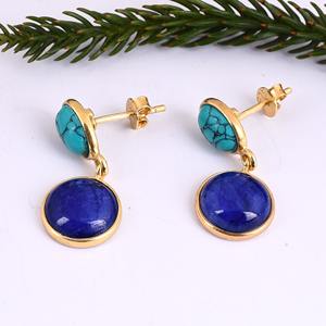 925 Sterling Silver <b>Earring</b>, Lapis & <b>Turquoise</b> Gemstone Oval Shape <b>Earring</b> - Product Image 1