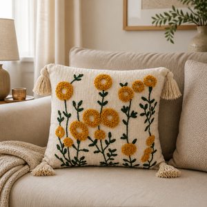 Handmade Cotton Floral Embroidered Throw <b>Pillow</b> with Insert Yellow <b>Flower</b> Meadow Cushion with Tassels for Living Room - Product Image 6