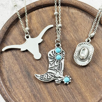 Ensemble de 3 colliers pendentifs de style western turquoise, bijoux bohèmes pour femmes et hommes, alliage de zinc avec motif de tête de taureau western, bottes tendance