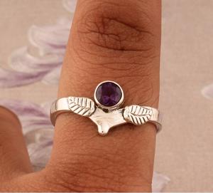 Anillos de amatista Plata de Ley 925, banda de plata sólida, diseño de hoja de piedra natal, joyería de amatista para mujer - Product Image 3