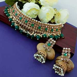 India venta al por mayor joyería antigua imitación perla cristal Kundan boda gargantilla collar nupcial indio joyería para mujeres, Verde - Product Image 2