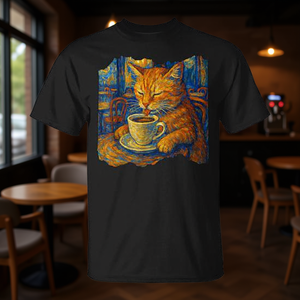 T-shirt per amanti del caffè con gatto artistico ispirato a Van Gogh - Product Image 3