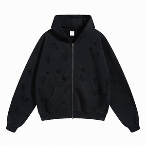 Sweats à capuche pour hommes personnalisés Sun Faded Distressed Hole Acid Wash Zip up Hoodie Design Cropped Hoodie Wash Faded Flow Shoulder - Product Image 2