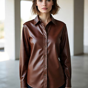 เสื้อหนังแฟชั่นเปิดปกเสื้อผู้หญิงทรงสลิมฟิตมีกระเป๋าหน้าอกแขนยาวมีกระดุมด้านหน้าเสื้อหนังผู้หญิง - Product Image 4