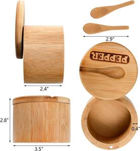 Lot de 2 bols à sel et à poivre en bambou, récipient à sel rond avec couvercles pivotants magnétiques et cuillères, caves à sel en bambou, assaisonnement - Product Image 2