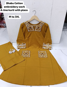 Costumes en coton dhabu pour femmes indiennes et pakistanaises, avec broderie traditionnelle, prêts à porter, ensemble de costume kurta indien pakistanais - Product Image 3