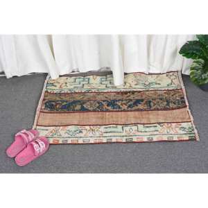 พรมตุรกีโบราณ2 x 2,9ft เบจและน้ำตาลผ้าวูลปะต่อสี่เหลี่ยมผืนผ้าขนาดใหญ่ทำด้วยมือสไตล์คลาสสิกสำหรับห้องนอนด้านหลังเป็นยาง - Product Image 4