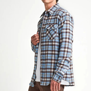Chemise décontractée à manches longues en flanelle à carreaux bleus et marrons pour homme, col rabattu, manches complètes, pour l'automne, en coton anti-plis - Product Image 2