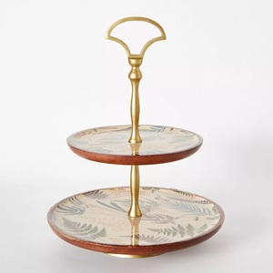 Best Quality Wooden Cupcake Holder Handmade Design 2 <b>Tier</b> Rounded Wood <b>Cake</b> Stand With Metal Handle & Border With Stand Base - Product Image 2