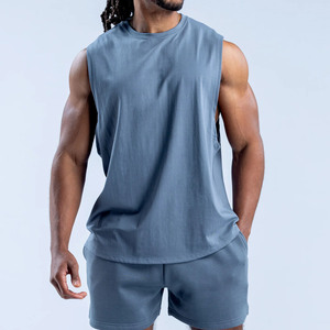 Débardeurs pour hommes en coton gris ardoise surdimensionnés, impression personnalisée OEM en gros, débardeur de sport pour hommes avec épaules tombantes et bras larges - Product Image 1