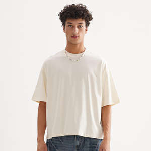 T-shirt court épais à épaules tombantes en coton tricoté de couleur unie et surdimensionné avec logo personnalisé pour hommes - Product Image 2