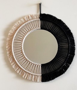 Beige and Black Macrame <b>Mirror</b> / Macrame Wall <b>Hanging</b> / Dorm and Nursery Decor - Product Image 1