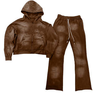 Conjunto de 2 Piezas de Pantalones y Sudadera con Apliques Bordados Desgastados Personalizados al por Mayor, Chándal Vintage con Lavado Ácido para Hombre - Product Image 3