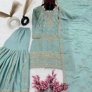 Dernier Designer Pure Chinnon Soie Broderie Séquence Travail Sharara Suit Par FabZone - Product Image 1