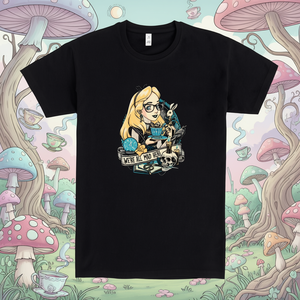 Maglietta a maniche corte Whimsical Wonderland per adulti, unisex, nera, girocollo, con grafica Fantasy Tea Party - Product Image 3