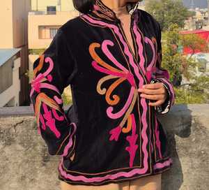 <b>Women</b>’s Hand Embroidered <b>Velvet</b> <b>Jacket</b> | Vintage Ethnic Floral Open Front Outerwear | Custom Wholesale Manufacturer - Product Image 1
