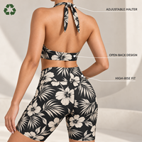 Ensemble de vêtements de sport en nylon bio recyclé personnalisé, imprimé floral, col halter, débardeur court, séchage rapide, sans couture sur le devant, short de yoga, leggings
