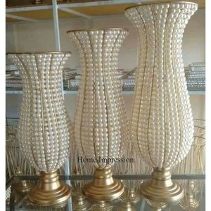 Set of 3 Metal Gold Plated Wire <b>Frame</b> and Base With White Color <b>Crystal</b> Beaded Modern Creative Art Designer Wedding Centerpiece - Product Image 1